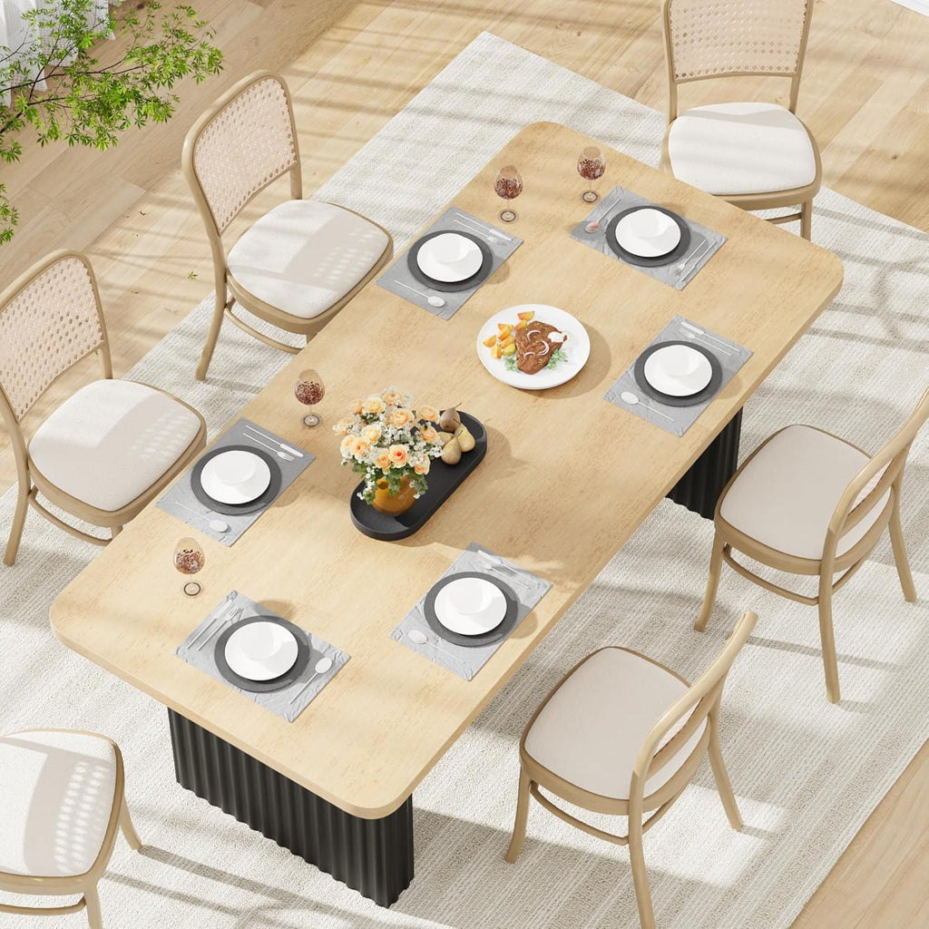 Garvee Modern Dining Table for 6-8, 71" Rectangular Farmhouse Kitchen Table with 3.6"×22.9" Black Fluted Wave Metal Legs & Wooden Top, Large Dining Table for Home Office, Dining, Natural