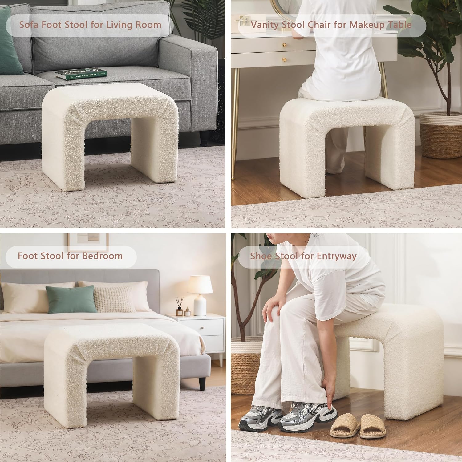 Modern Boucle Ottoman Footstool, 24" Arched Upholstered Vanity Stools for Makeup Room, Small Foot Rest for Entryway, Living Room, Bedroom (Fully Assembled)，White