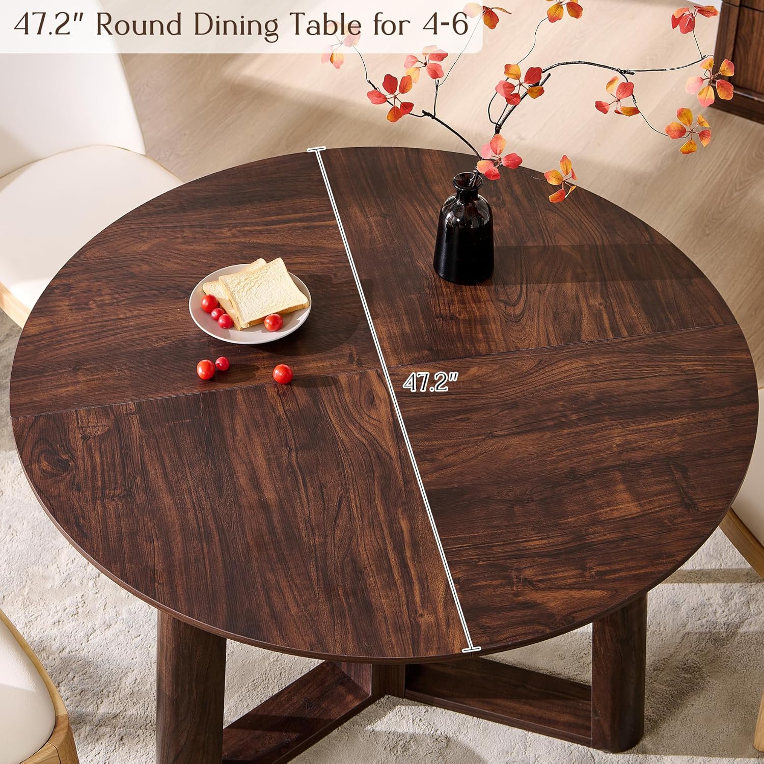 OKD 47" Dining Table for 4-6, Round Dining Room Table with Triangular Structure Pedestal Stable Base, Curved Table Edge, Circle Kitchen Tables for Dining Room, Kitchen, Dark Walnut