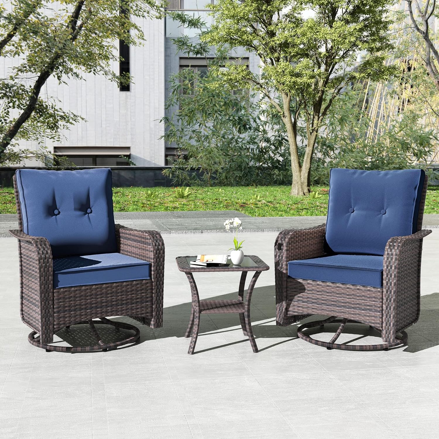 Kullavik 5 Pieces Outdoor Swivel Chairs Set,Patio Wicker Rocker Chairs with 4" Thick Cushions,Side Table and Ottomans,Patio Conversation Furniture Set for Patio Porch Deck Backyard,NavyBlue