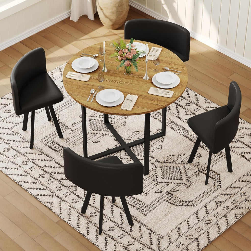 39.5" Round Dining Table Set for 4, 5 Piece Dining Table Set with 4 Tuck-Under Chairs, Farmhouse Kitchen Table Chairs Set, Space Saving Wood Round Dining Room Table Set for Apartments,Home