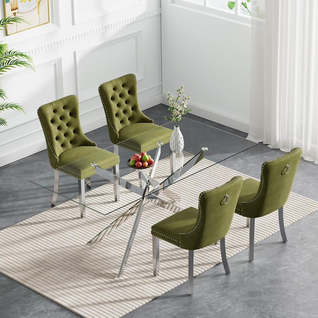 Rectangle Glass Dining Table Set for 4, 60'' Kitchen Table and Chairs Set, 5PCS Modern Dining Room Table Set with 4 Velvet Dining Chair for Home