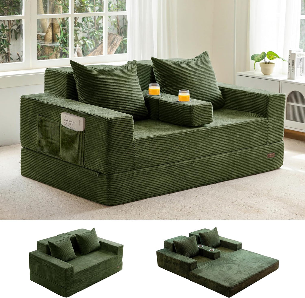 MAXYOYO Sofa Bed, 64-Inch Loveseat with 2 Cup Holders | Corded Green 4-in-1 Sofa Converts Into a Floor Couch or Recliner Chair; Sofa-in-a-Box Needs No Assembly for Living Rooms