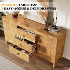 AMERLIFE 60" High Gloss Burl Buffet Sideboard Storage Cabinet, Large Wood Sideboard with Drawers, Retro Handles, Heavy Duty Coffee Wine Bar Buffet Table for Dining Room, Living Room, Yellow