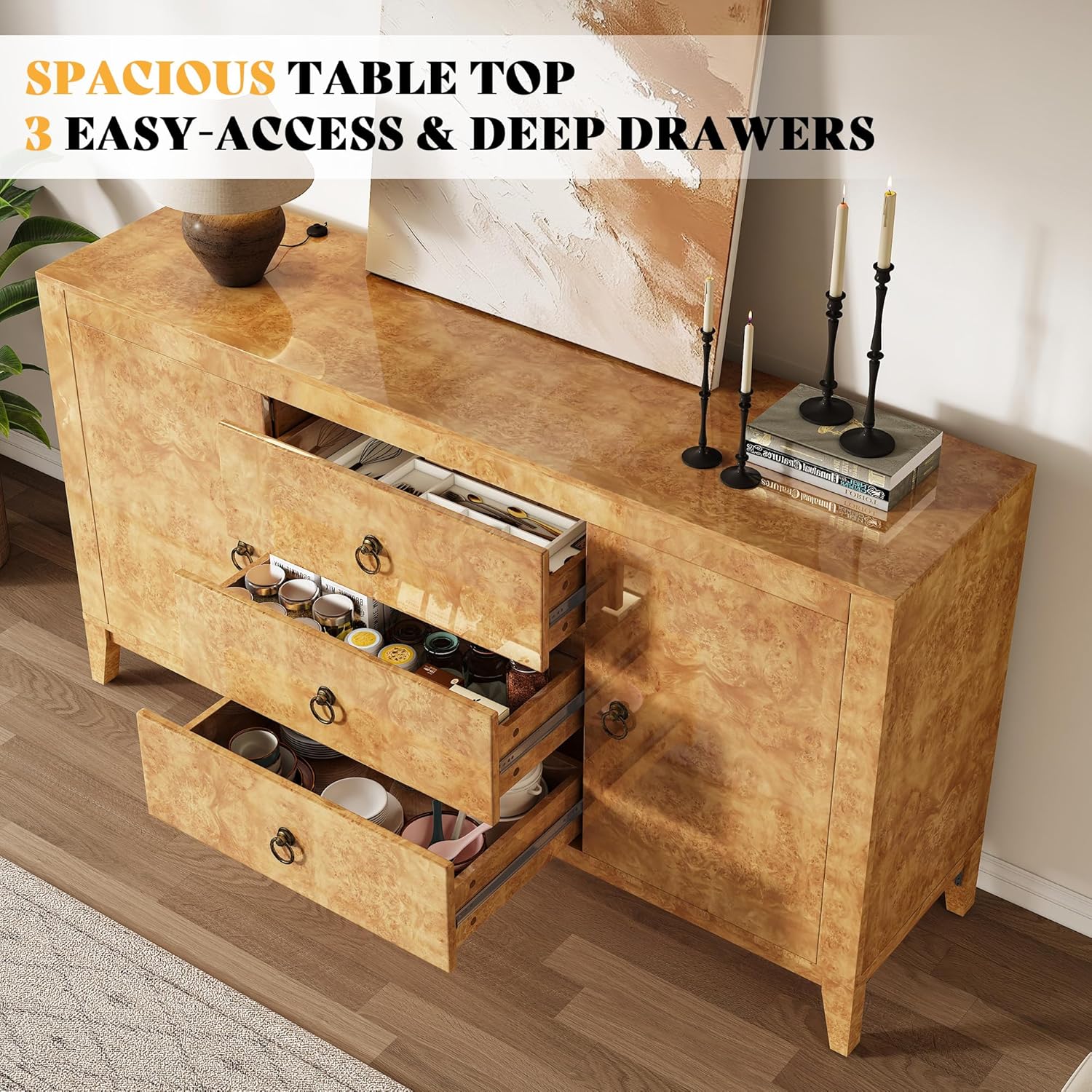 AMERLIFE 60" High Gloss Burl Buffet Sideboard Storage Cabinet, Large Wood Sideboard with Drawers, Retro Handles, Heavy Duty Coffee Wine Bar Buffet Table for Dining Room, Living Room, Yellow