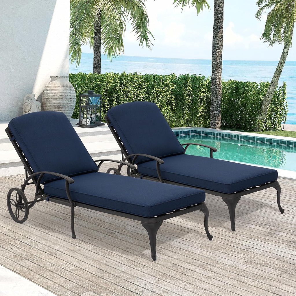 Chaise Lounge Chair Outdoor- Set of 2 Patio Pool Chairs Tanning Lounges for Outside Beach Lounger Reclining Cast Aluminum with Navy Blue Cushions