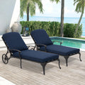 Chaise Lounge Chair Outdoor- Set of 2 Patio Pool Chairs Tanning Lounges for Outside Beach Lounger Reclining Cast Aluminum with Navy Blue Cushions