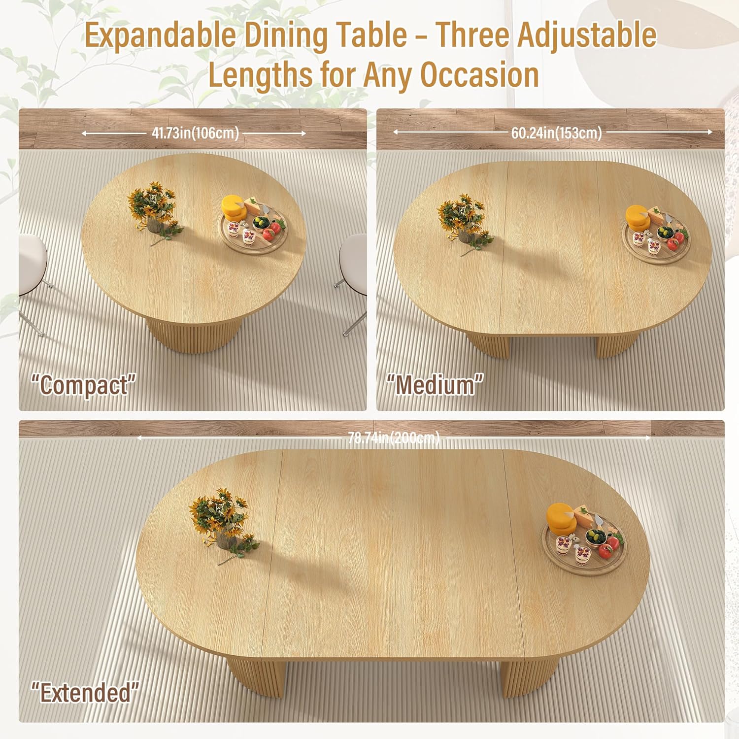 Extendable Dining Table 41–78 Inch, Round to Oval Expandable Kitchen Table for 4–8 People, Fluted Base Modern Farmhouse Design for Dining Room or Living Room, Natural Wood Finish