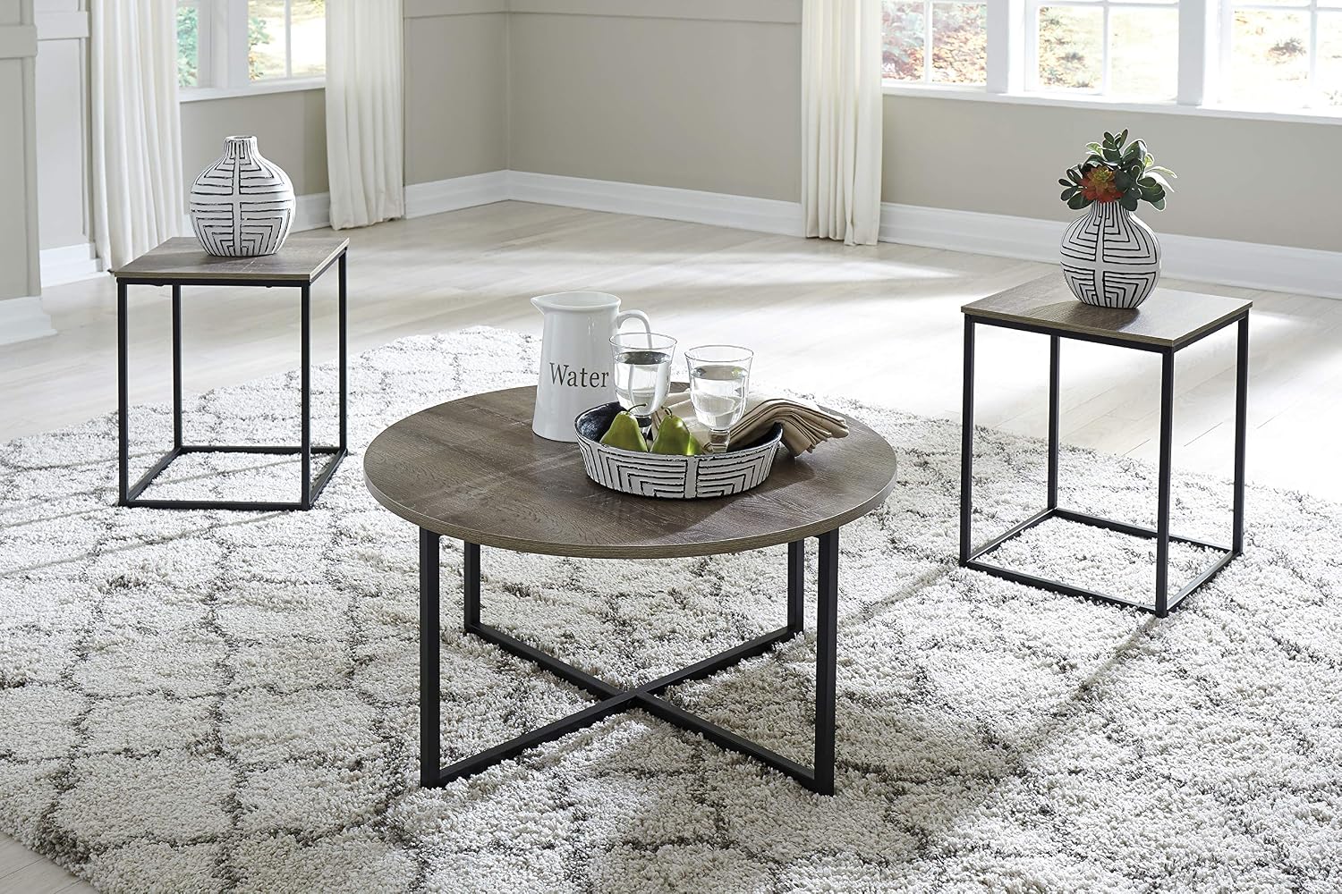 GTU Furniture Contemporary Engineered Wood Round 3-Piece Coffee Table Set, Cocktail Table with 2 Matching End Tables, Two-Tone Finish for Living Room