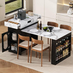 Extendable Dining Table with Folding Tabletop, Bar Table with Drawers and Power Outlet, Kitchen Island with Wheels and Hooks, Sideboard for Kitchen and Dining Room (Black+Marble White)
