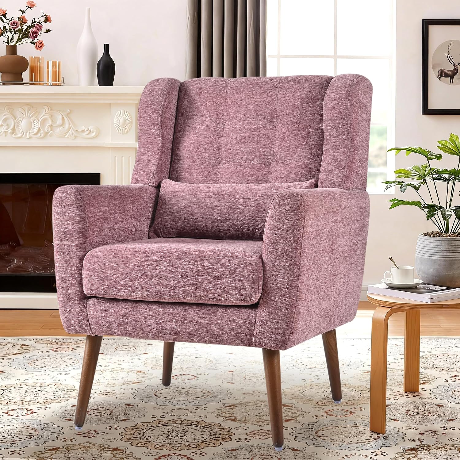 Modern Accent Chair, Upholstered Armchair with Pillow, Fabric Single Sofa Chair with Lounge Seat Solid Wood Legs Accent Chair for Living Room Bedroom Small Spaces (Purple)
