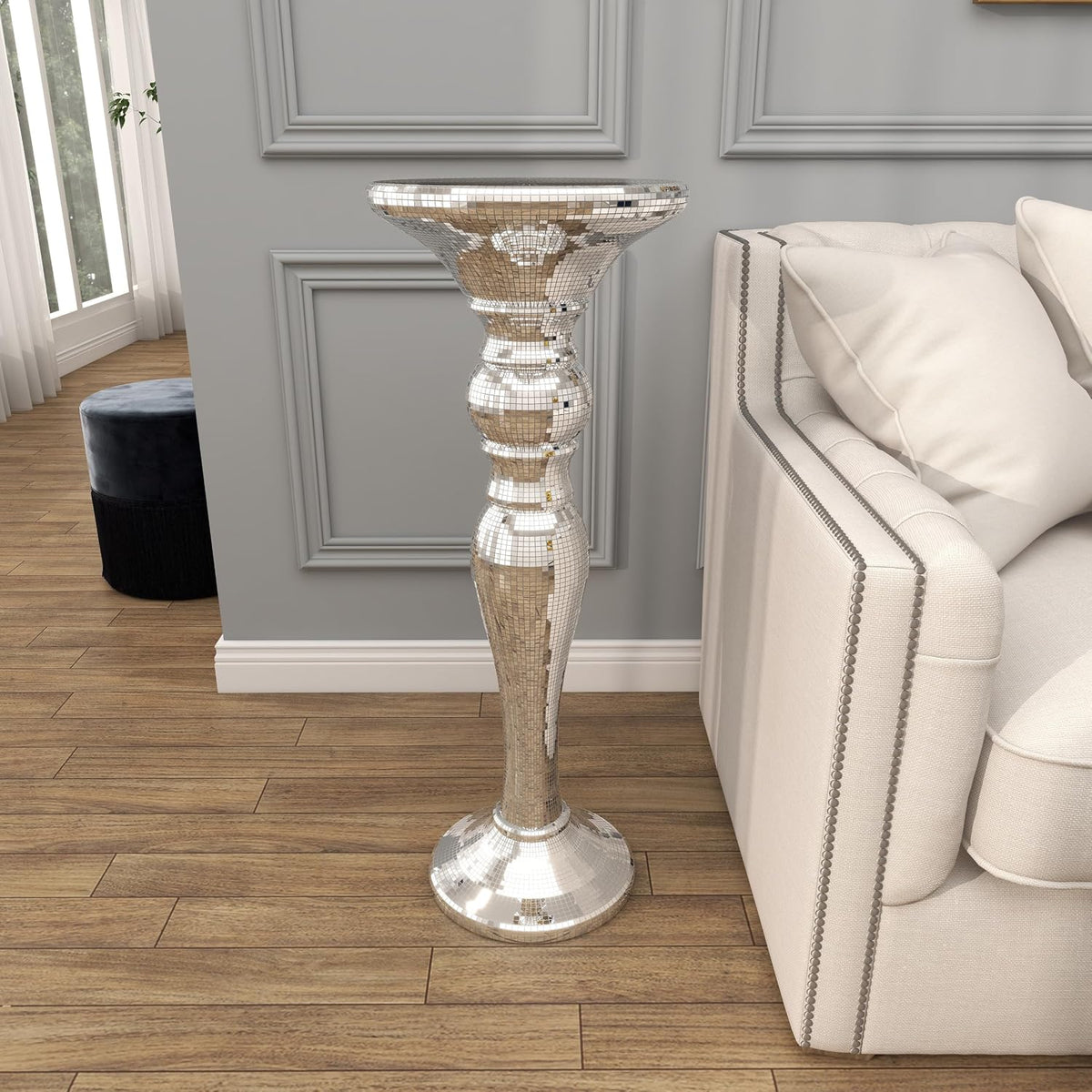 Deco 79 Polystone Round Pedestal Table with Mosaic Mirror Inlay, 14" x 14" x 36", Silver