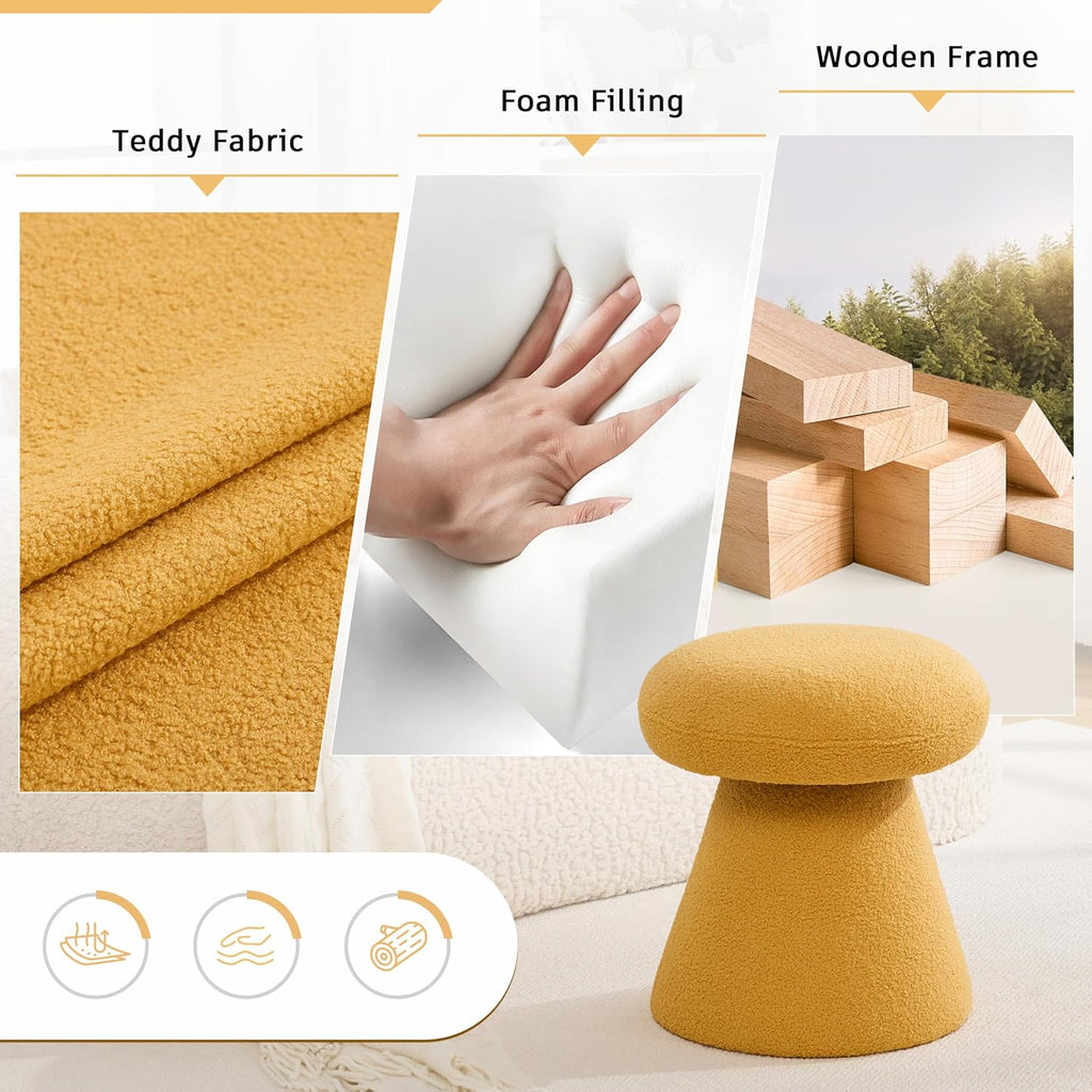 FOXHUNTER Mushroom Ottoman Foot Rest Pouf Ottoman with 360° Rotation, Footstool for Makeup Room Living Room Bedroom Entrance(Yellow, Teddy)