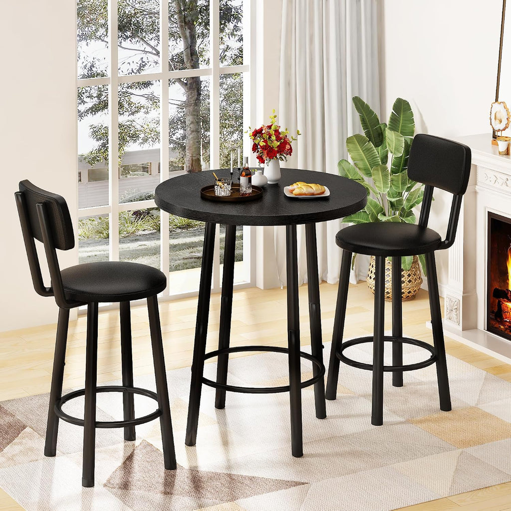 Recaceik 3‑Piece Pub Dining Set, Counter Height Modern Round Bar Table with Wood Top, Pub Table and Stools for 2, Easy Assemble Bistro Set for Breakfast Nook, Living Room, Small Space Restaurant