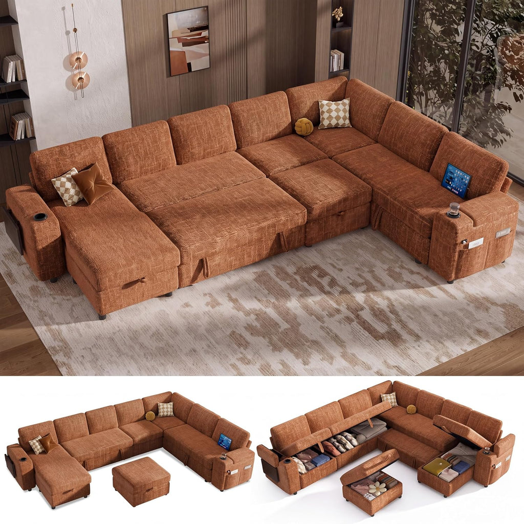 Vipbear 130" Modular Sectional Sleeper Sofa with Pull Out Bed, 9 Seat Chenille U Shaped Couch with Ottoman and Chaise|USB Ports|Cup Holders|Side Table, Tool Free Assembly, Orange