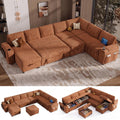 Vipbear 130" Modular Sectional Sleeper Sofa with Pull Out Bed, 9 Seat Chenille U Shaped Couch with Ottoman and Chaise|USB Ports|Cup Holders|Side Table, Tool Free Assembly, Orange