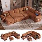 Vipbear 130" Modular Sectional Sleeper Sofa with Pull Out Bed, 9 Seat Chenille U Shaped Couch with Ottoman and Chaise|USB Ports|Cup Holders|Side Table, Tool Free Assembly, Orange