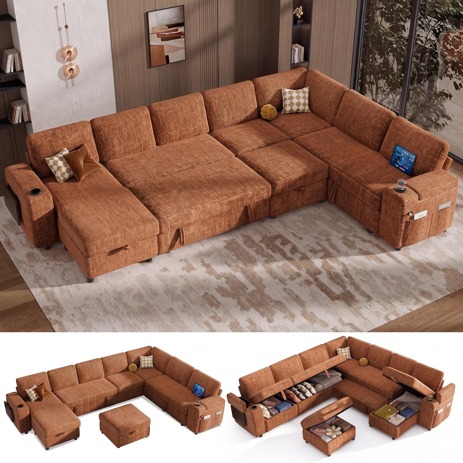 Vipbear 130" Modular Sectional Sleeper Sofa with Pull Out Bed, 9 Seat Chenille U Shaped Couch with Ottoman and Chaise|USB Ports|Cup Holders|Side Table, Tool Free Assembly, Orange