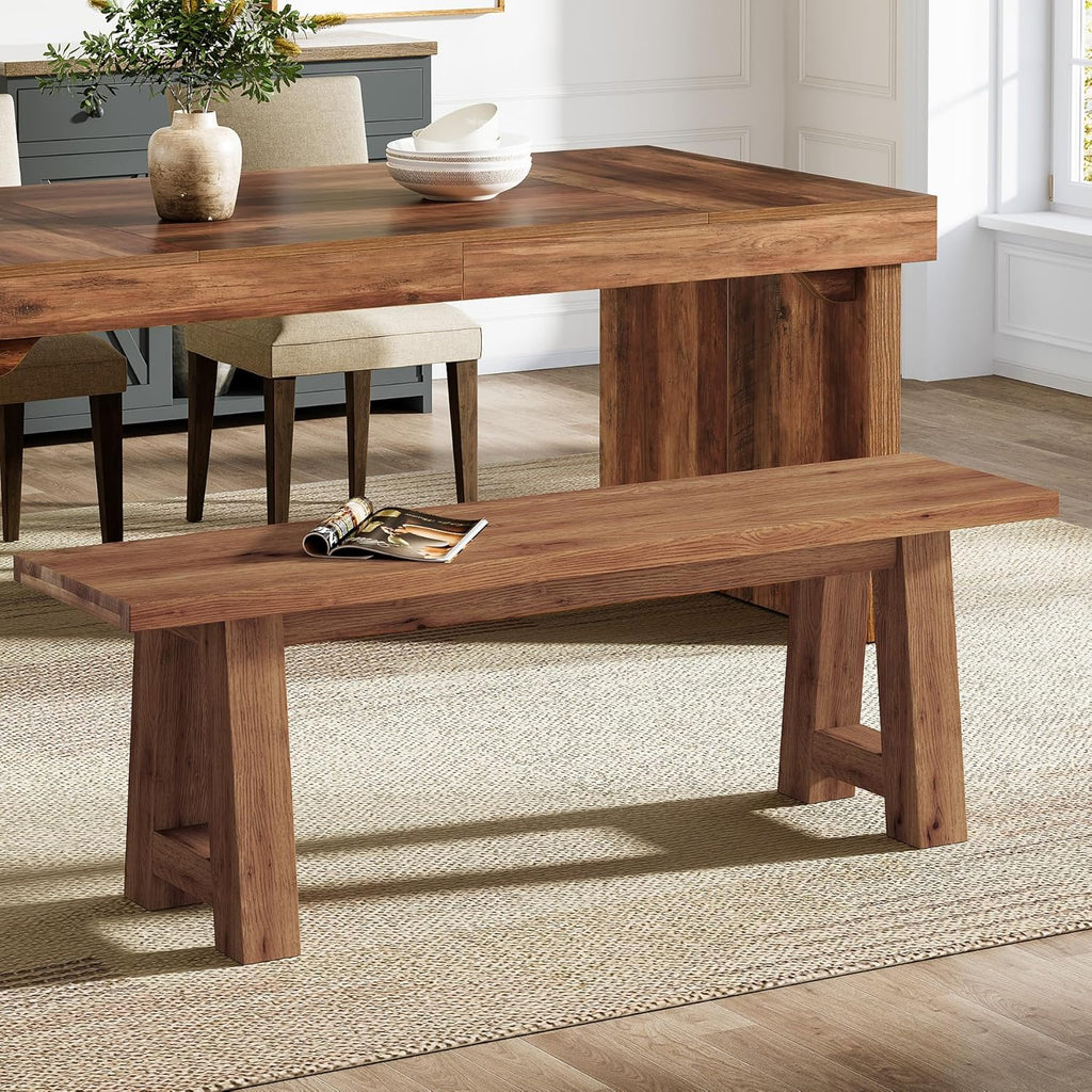 55" Solid Wood Entryway Bench, Farmhouse Long Wood Bench Dining Seat for Living Room, Kitchen, Hallway, Rustic Brown