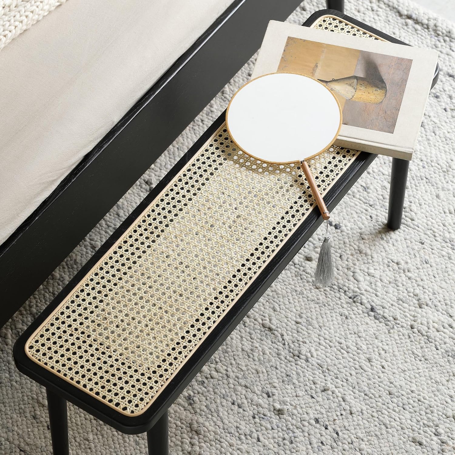 47.24" Modern Oak Wood Dining Bench with Woven Rattan Seat Solid Wood Entryway Bench for Bedroom End of Bed Living Room, Black