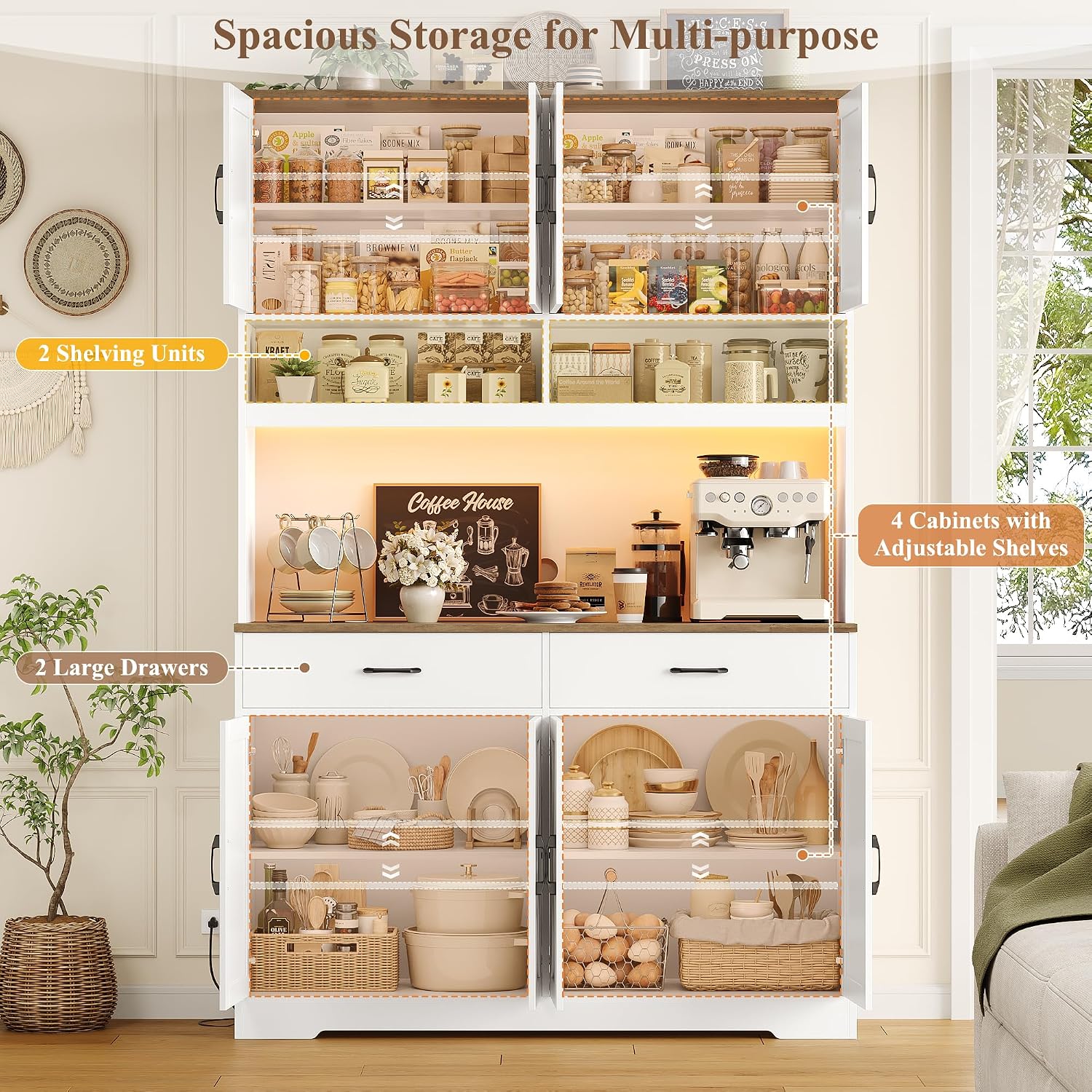 HOSTACK 75" Tall Kitchen Pantry Storage Cabinet, 45" W Hutch Cabinet, White | Farmhouse Pantry Cabinet with Charging Station / LED Lights / Countertop, Wood Kitchen Hutch with 2 Drawers for Dining Room