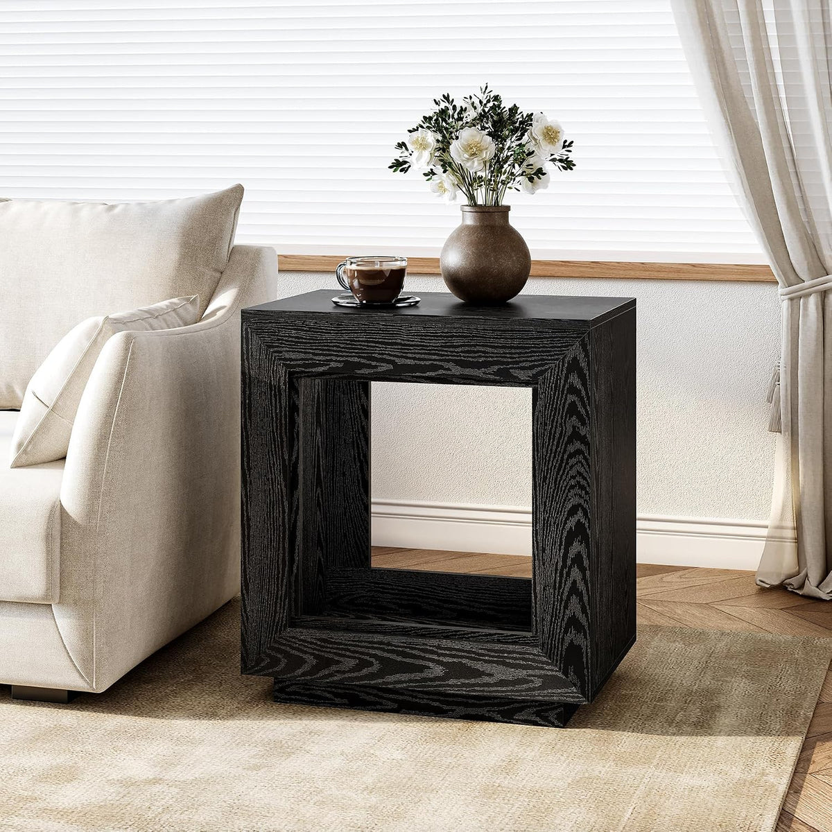 LITTLE TREE End Table with Storage, Wooden Square Side Table, Industrial Sofa Side Tables for Living Room, 2-Tier Bedside Table Nightstand for Bedroom, Chair Side Table for Small Spaces, Black