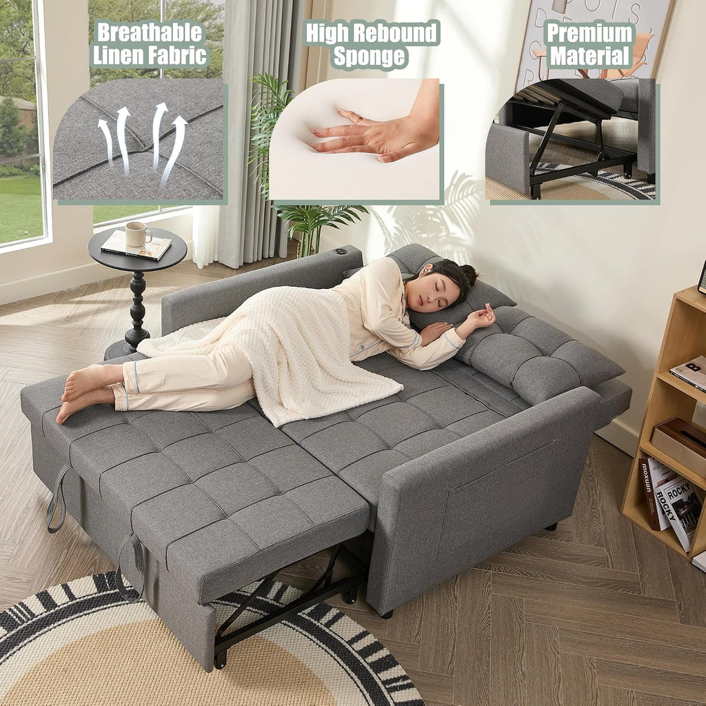 GOSUHI 52" 3-in-1 Convertible Sleeper Sofa Bed, Linen, Light Gray | Pull-Out Bed, Stepless Adjustable Backrest, Side Pocket, Compact Loveseat, Living Room, Dorm & Apartment