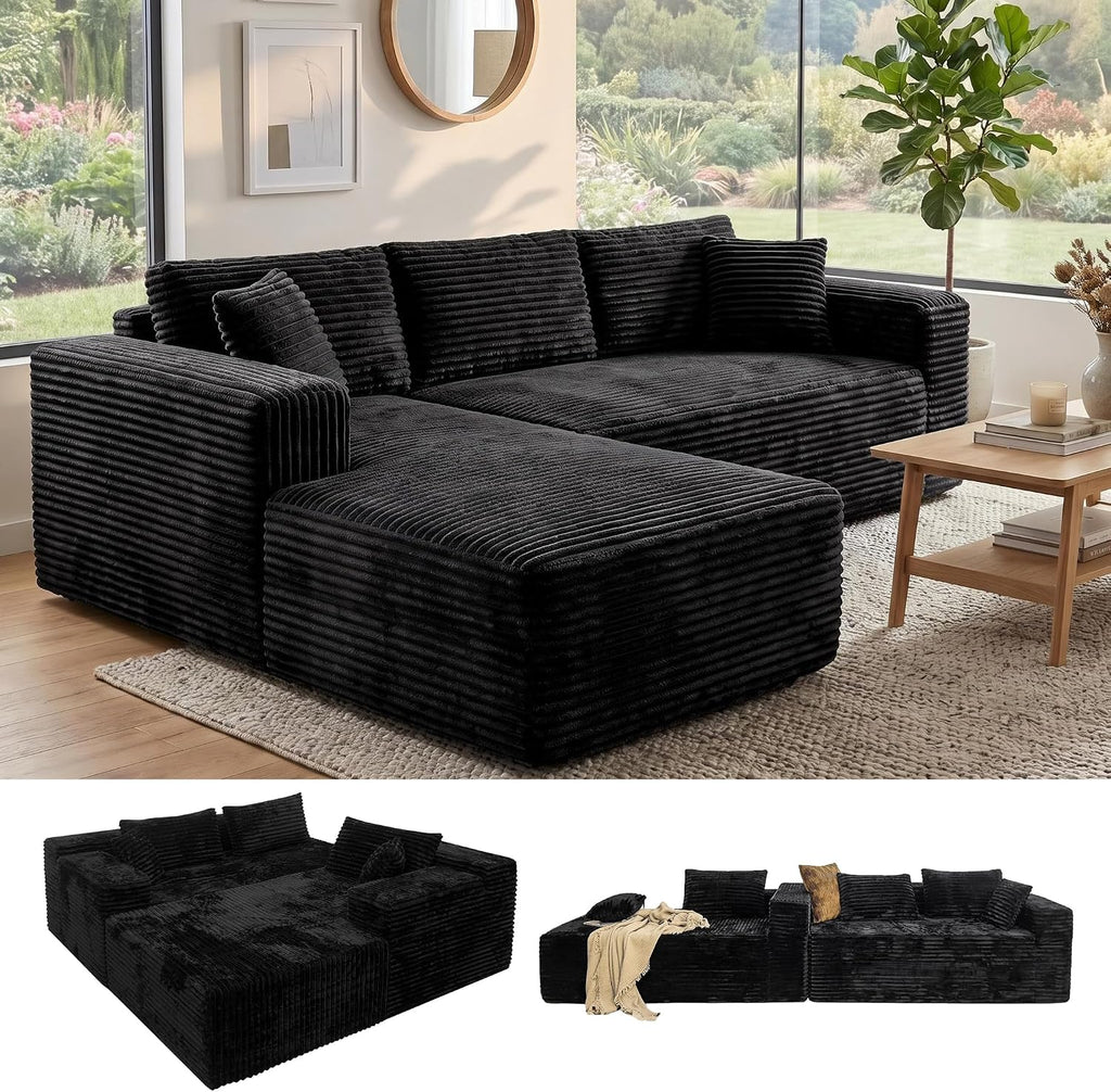 Couch Modular Sectional Sofa Cloud Couch | Oversized Deep-Seat Wide-Wale Corduroy L-Shaped Sectional Couch for Living Room, Apartment and Family Room
