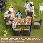 Devoko 7 PCS Acacia Wood Patio Dining Set, Black Rattan