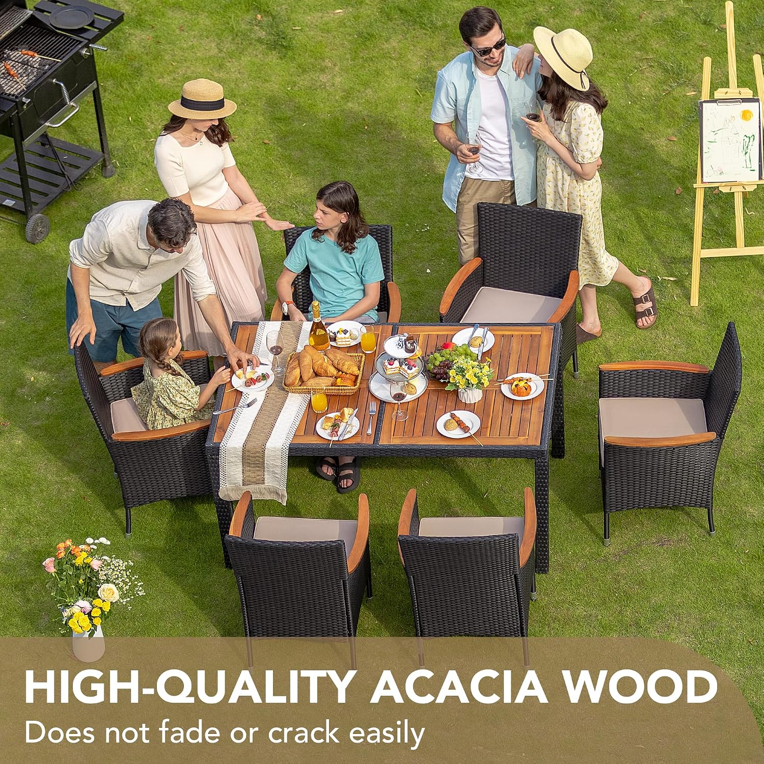 Devoko 7 PCS Acacia Wood Patio Dining Set, Black Rattan