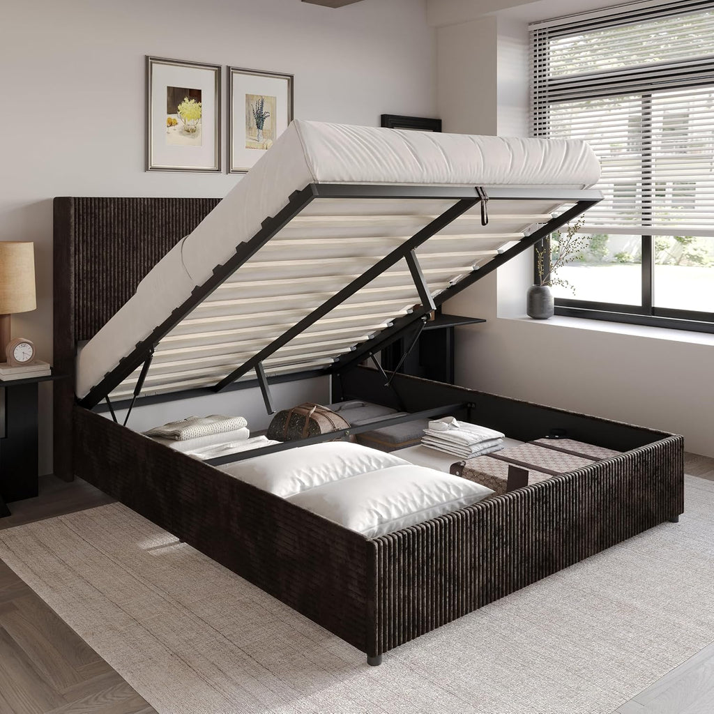 Queen Wingback Velvet Upholstered Platform Lift-Up Storage Bed, Vertical Stitching Design, Brown