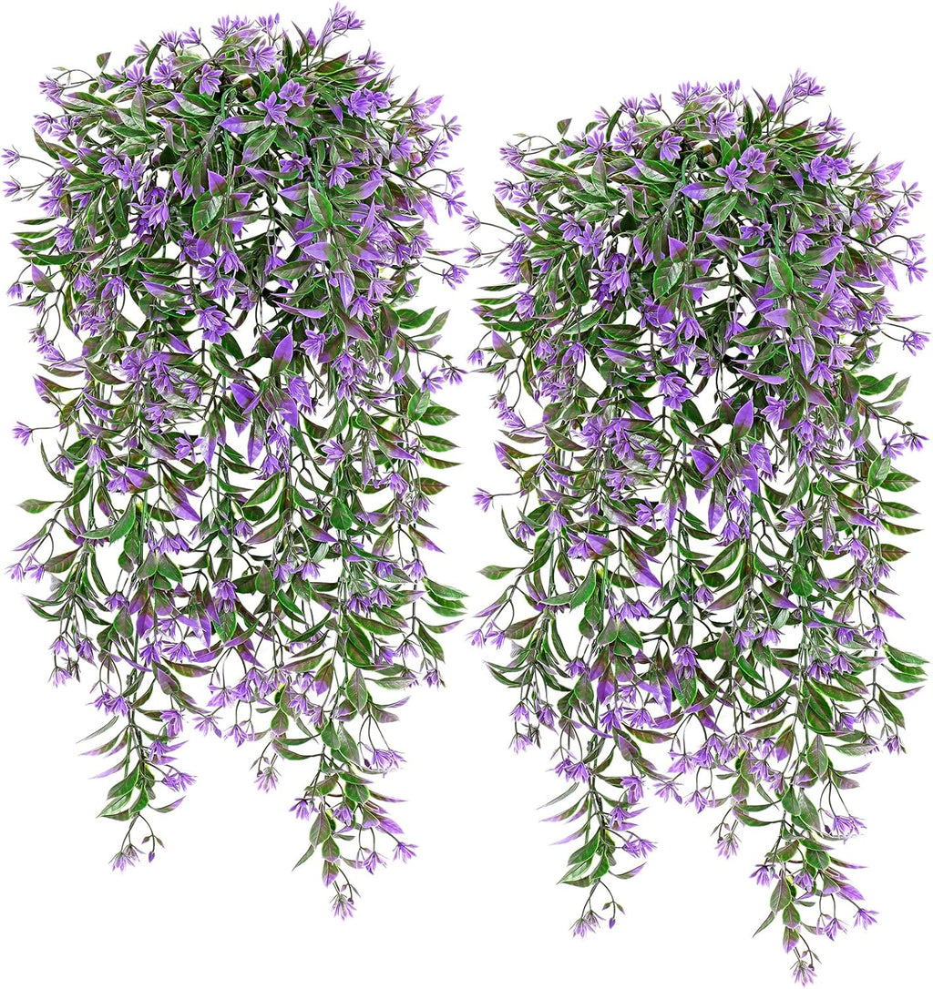 TOCHGREEN 4Pcs Artificial Hanging Plants Fern Vine, Faux Plastic Plants Fake Ivy Vine Greenery Garland with Purple Flower, Outdoor Indoor Decorations for Living Room Balcony Garden Wall Home Decor