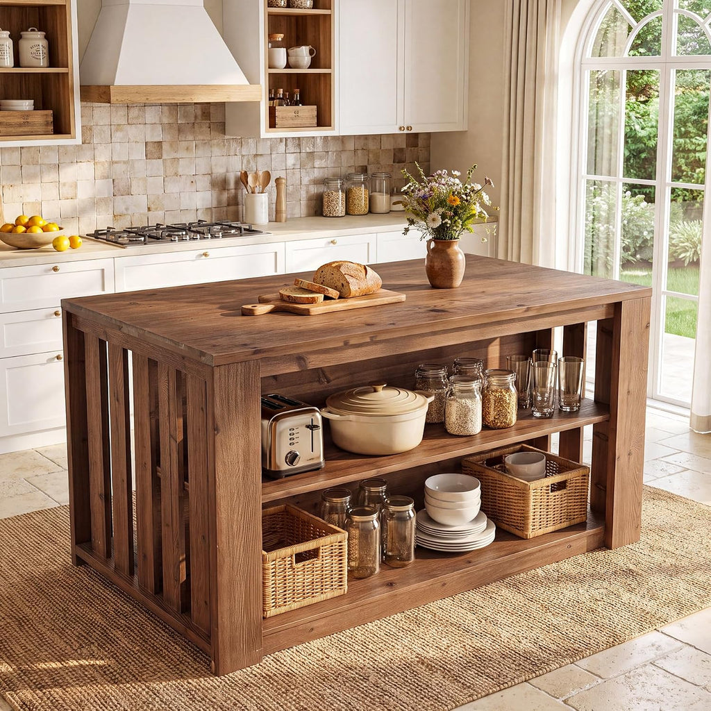 55" Solid Wood Kitchen Island with Storage and Seating, 3-Tier | Farmhouse Stationary Island Table, Side Slatted Design, Large Worktop, Closed Back Panel, Rustic Counter Height Dining Table