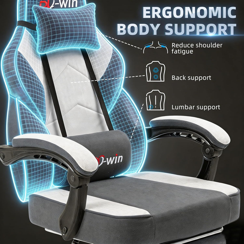 Shintenchi Big and Tall Gaming Chair Fabric Pocket Spring Cushion,High Back Recliner with Footrest and Headrest for Adults, Massage Lumbar Support for Home Office, Ergonomic Computer Desk Chair, Gray