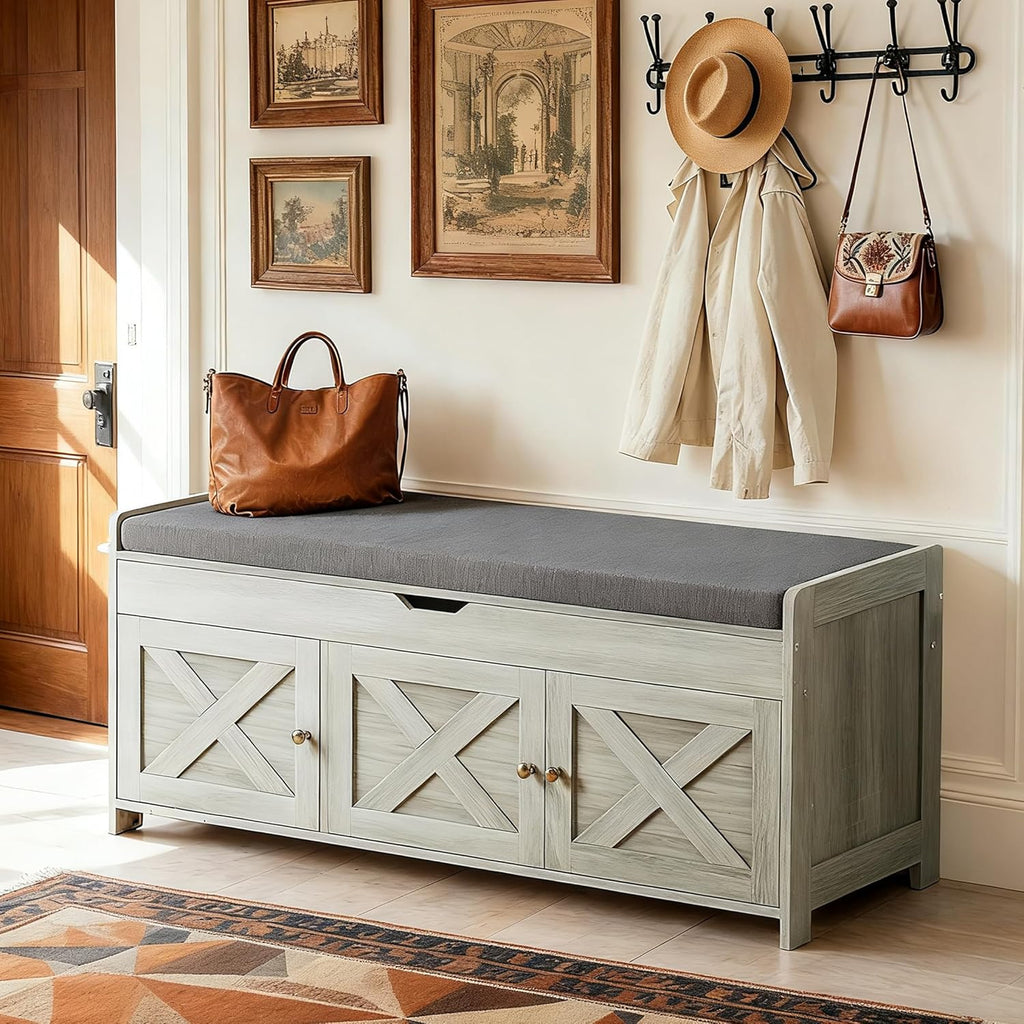 Amada Farmhouse Shoe Storage Bench with Cushion, 3 Doors & Lift-Top Storage, Adjustable Shelves, 300 lbs Capacity Entryway Bench for Bedroom, Living Room, Wash Grey