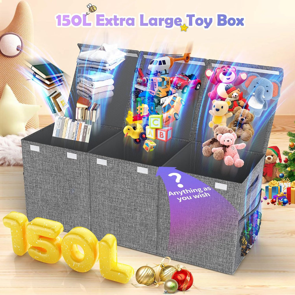 Extra Large Toy Box with Lids, Large Storage Chest Organizer, 40"x14"x16" | Collapsible Sturdy Kids Toy Chest Bins with Dividers for Boys Girls, Nursery Bedroom Playroom Organization, Gray
