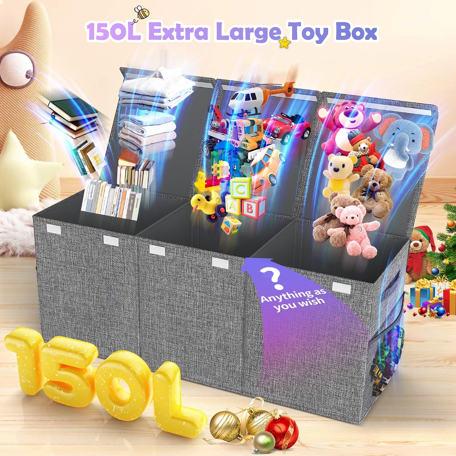 Extra Large Toy Box with Lids, Large Storage Chest Organizer, 40"x14"x16" | Collapsible Sturdy Kids Toy Chest Bins with Dividers for Boys Girls, Nursery Bedroom Playroom Organization, Gray