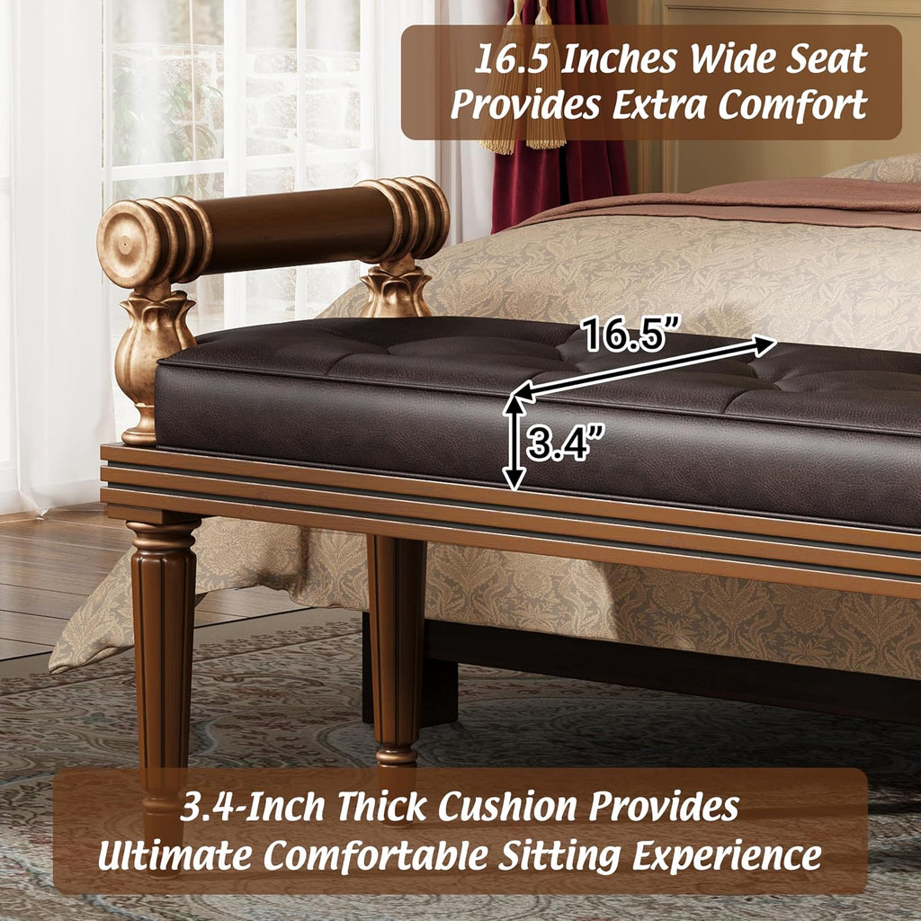 Christopher Knight Home Yae Luxurious PU Leather Upholstered End of Bed Ottoman, Wooden Living Room Ottoman Bench with Fluted Legs/Cylindrical Arm, Long Entryway Bench with Button Tufting, Brown