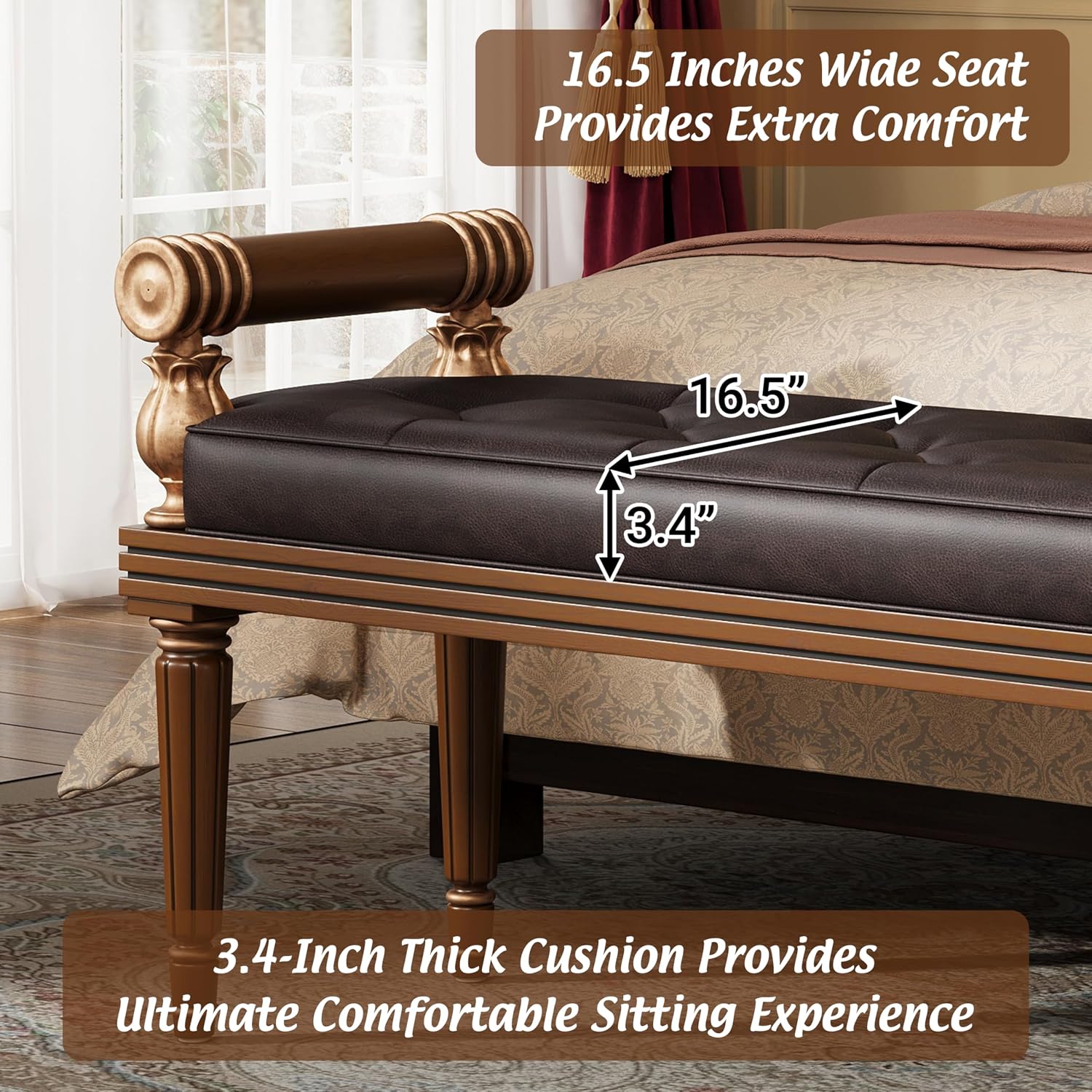 Christopher Knight Home Yae Luxurious PU Leather Upholstered End of Bed Ottoman, Wooden Living Room Ottoman Bench with Fluted Legs/Cylindrical Arm, Long Entryway Bench with Button Tufting, Brown