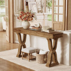 63-Inch Solid Wood Console Table, Farmhouse Entryway Table with X-Shaped Legs, Long Sofa Table for Living Room, Hallway, or Foyer, Easy Assembly, Anti-tip Kits
