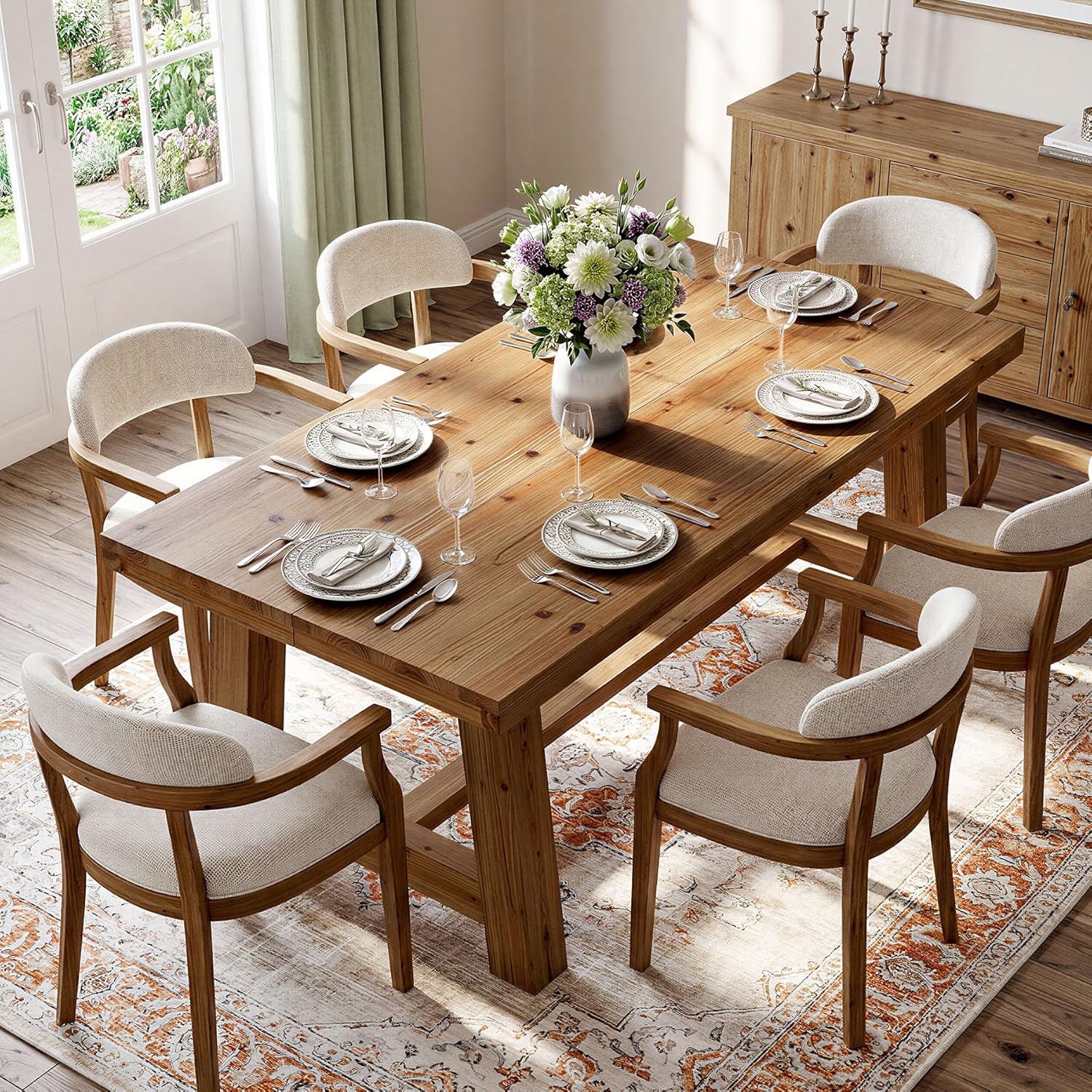 63-Inch Solid Wood Dining Table, Farmhouse Kitchen Table for 4-6 People, Rectangular Wooden Dinner Table with Thick Top & Trestle Base, Natural Wood