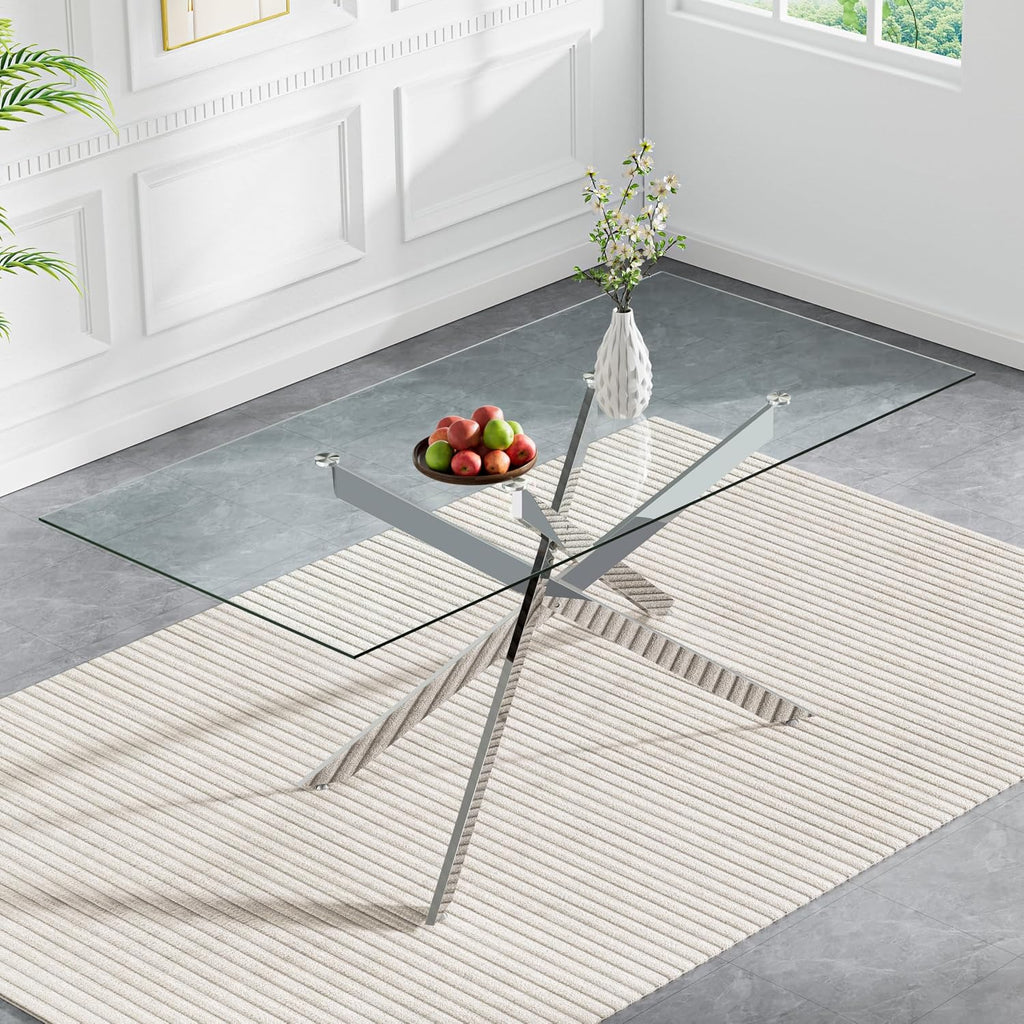 61" Rectangle Glass Dining Table for 4-6, Luxury Kitchen Table with Tempered Glass Top and Silver Metal Cross Legs, Modern Glass Dinner Table for Kitchen Dining Room Small Apartment