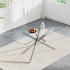 61" Rectangle Glass Dining Table for 4-6, Luxury Kitchen Table with Tempered Glass Top and Silver Metal Cross Legs, Modern Glass Dinner Table for Kitchen Dining Room Small Apartment