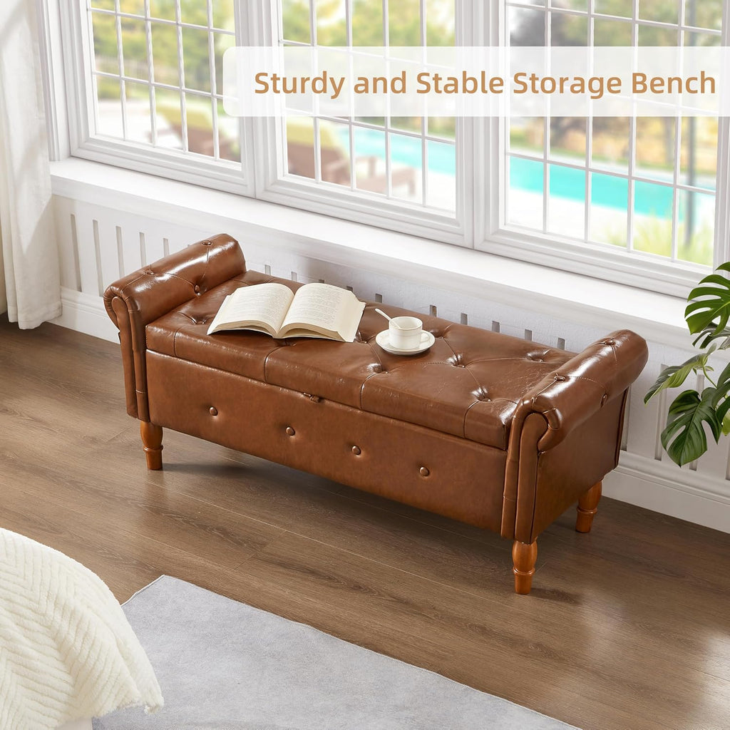 Storage Ottoman Bench, 50" Modern Upholstered End of Bed Bench, Faux Leather Rolled Armed Button-Tufted Ottoman with Storage for Living Room, Entryway, Window, Brown