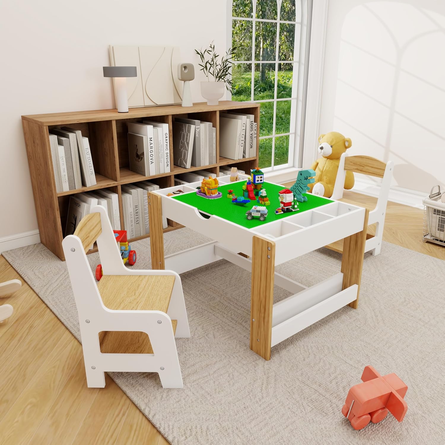GDFStudio Kids 2-in-1 Activity Table & 2 Chairs Set LEGO-Compatible Play Table with Whiteboard Top, Storage Compartments & Canvas Drawer Chairs, Wooden Learning Desk Furniture for Playroom, White