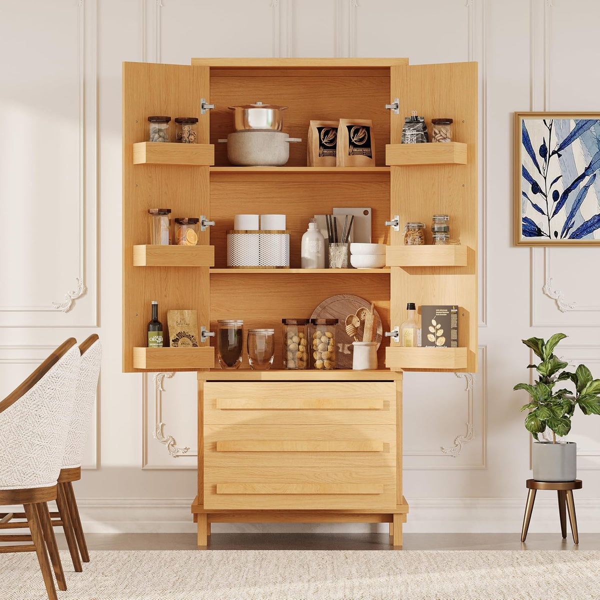 70" Tall Kitchen Pantry Cabinet, Wood Freestanding Storage Cupboard with 2 Cabinet Shelves, 6 Door Shelves and 3 Drawers, Multi-Purpose Storage Cabinet for Kitchen & Dining Room,Natural