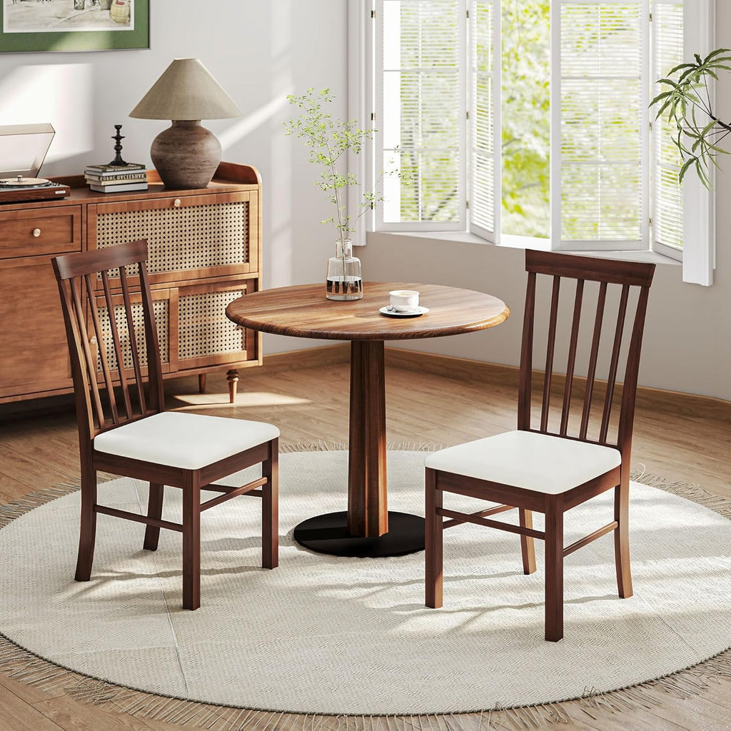 HOMCOM Wooden Dining Chairs Set, Farmhouse Upholstered Kitchen Chairs with Rubber Wood Frame for Living Room, Dining Room, Dark Brown and Beige, Set of 2