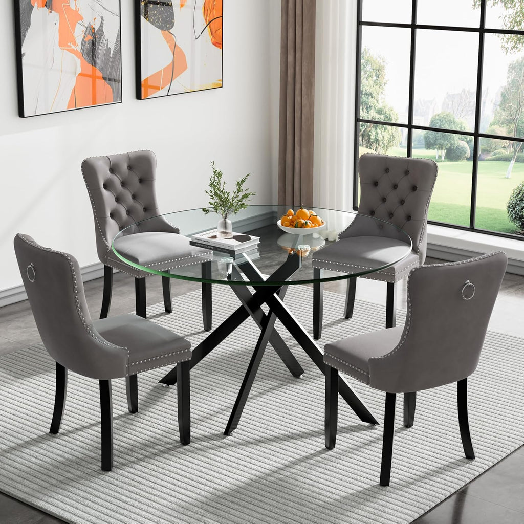 Henf 47.24" Round Dining Table with Black Metal Legs, Glass Kitchen Table for 4-6 People, Round Glass Dining Room Table for Small Space, Easy Assembly Circular Side Desk