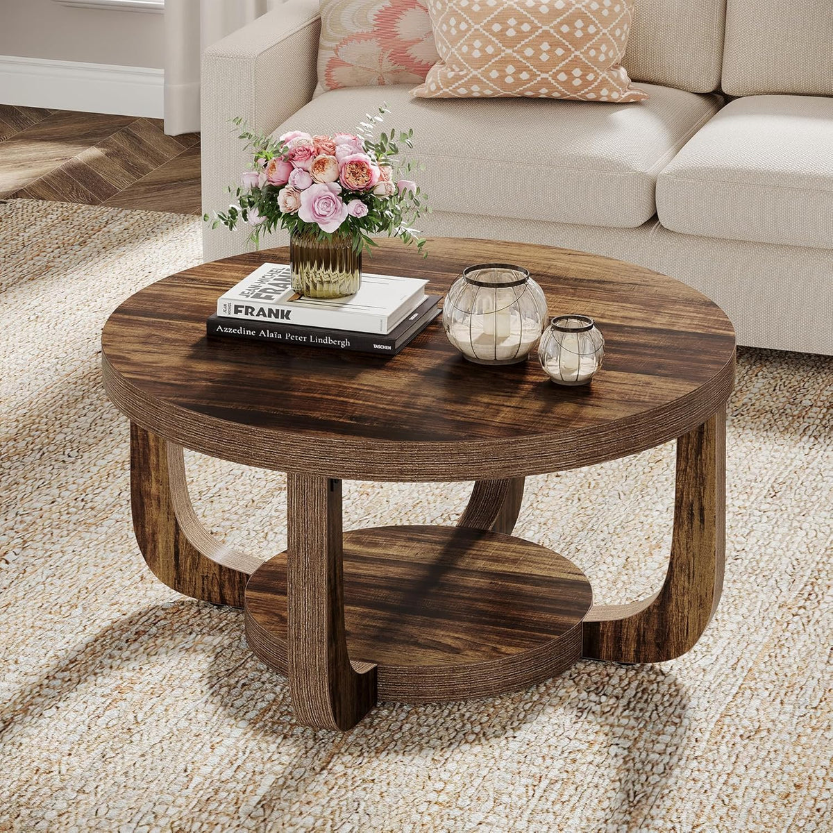 Tribesigns Round Coffee Table, 2-Tier Circle Coffee Table with Storage, Modern Wooden Accent Center Table for Living Room, Thick Tabletop & Base, Dark Brown