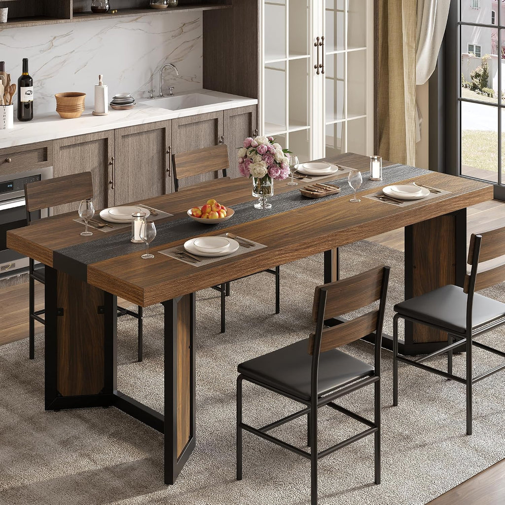 Industrial Dining Table for 6-8 People, 71" Large Long Wooden Kitchen Table with Sturdy Metal Frame & Brown Finish, Rustic Style Rectangular Dinner Table for Dining Room, Kitchen (Reddish Brown )
